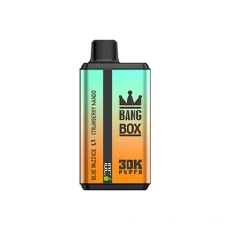 Bang Box 30K dual flavor vape with smart display design and colorful flavor-specific box artwork