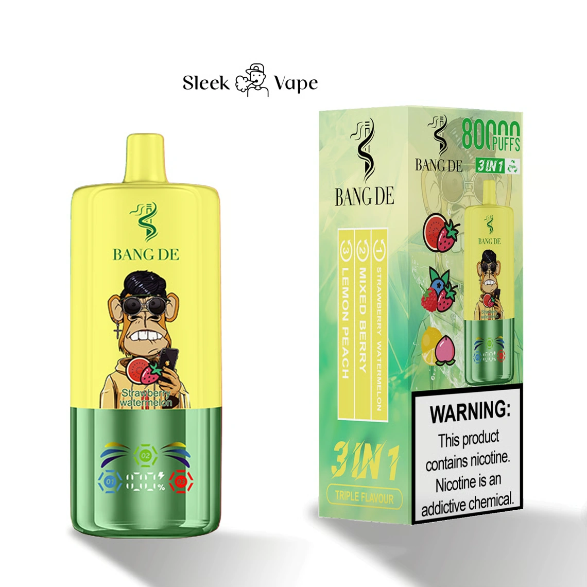 Bang DE 80K 3-in-1 flavor disposable vape with branded device and packaging shown in gallery view 3