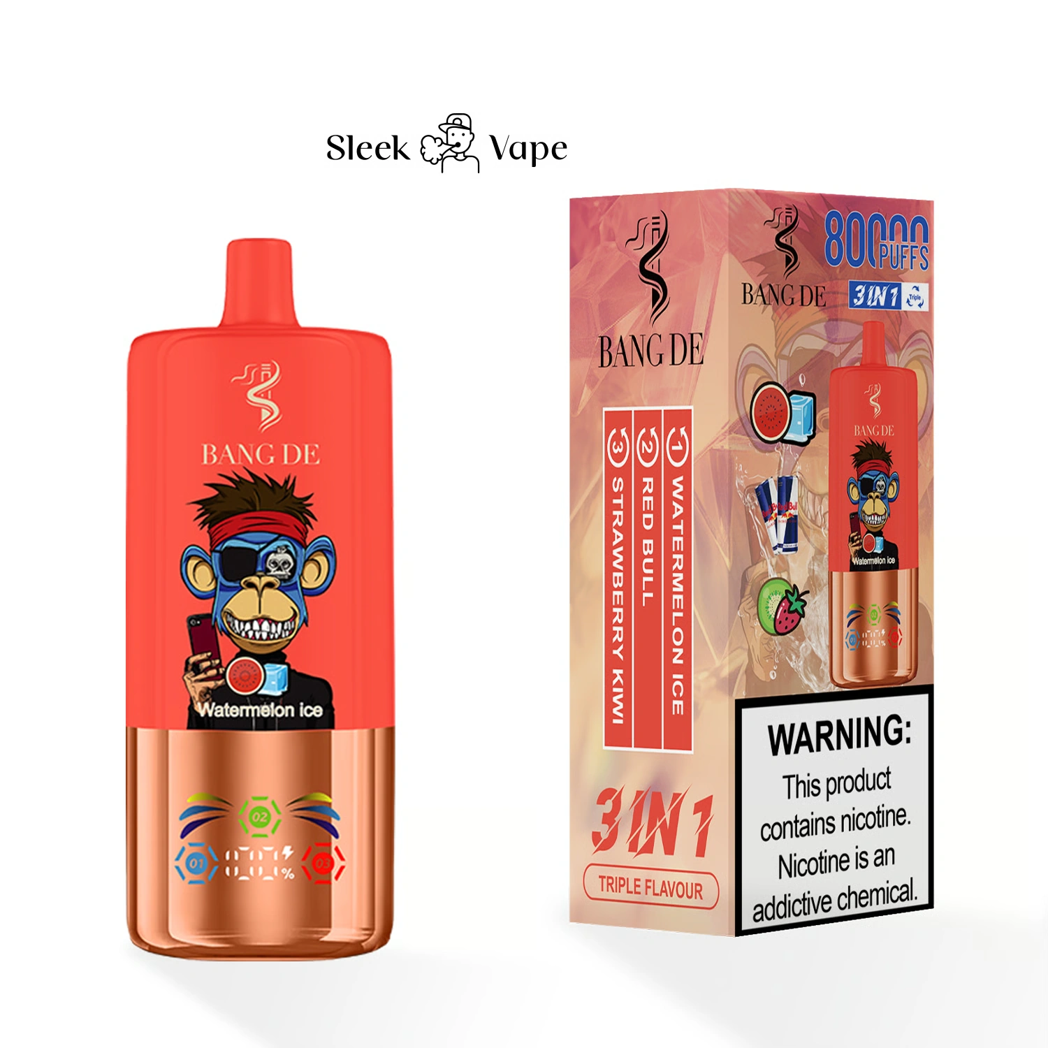 Bang DE 80K 3-in-1 flavor disposable vape with branded device and packaging shown in gallery view 4