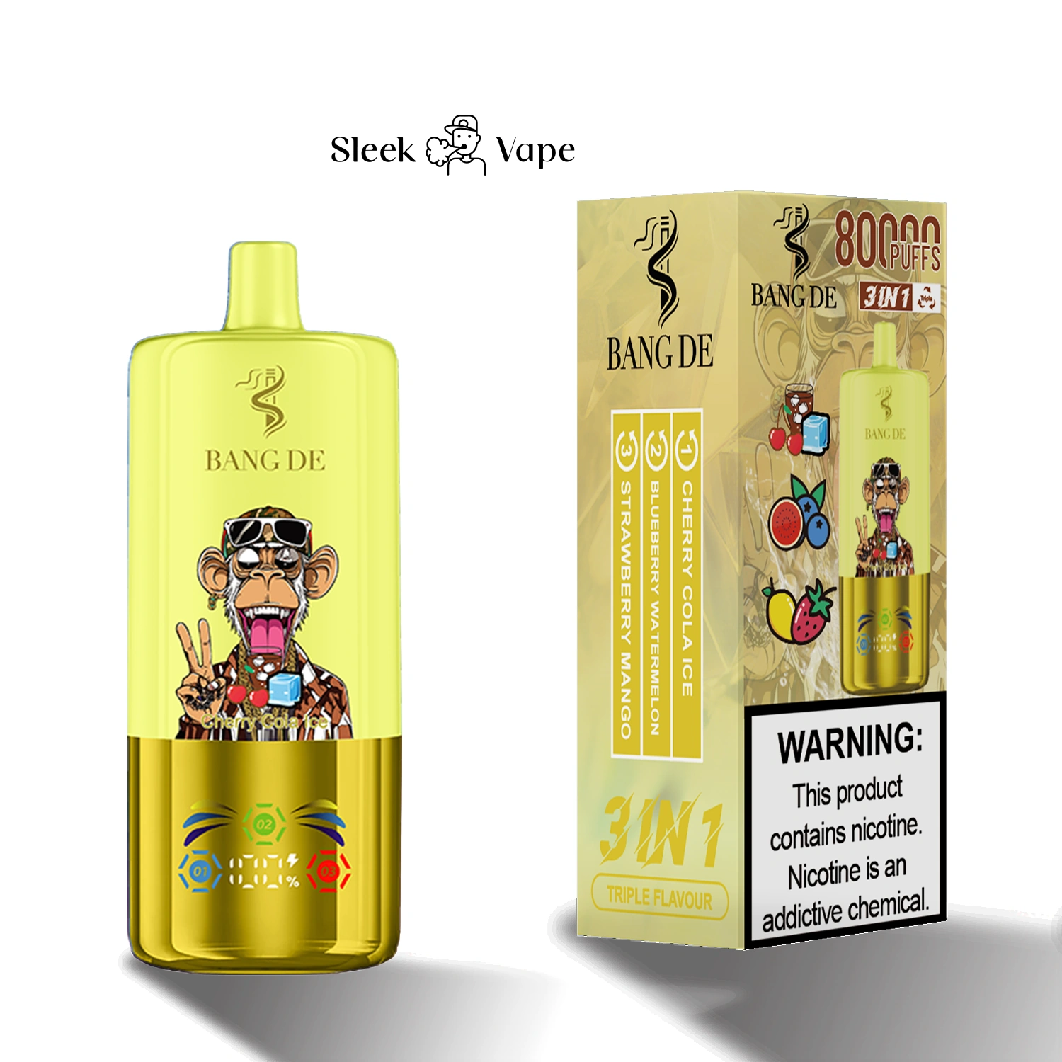 Bang DE 80K 3-in-1 flavor disposable vape with branded device and packaging shown in gallery view 5