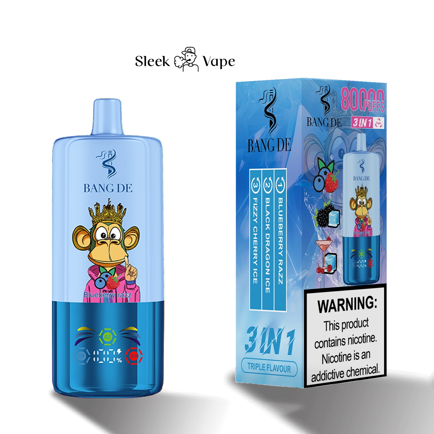 Bang DE 80K 3-in-1 flavor disposable vape with branded device and packaging shown in gallery view 6