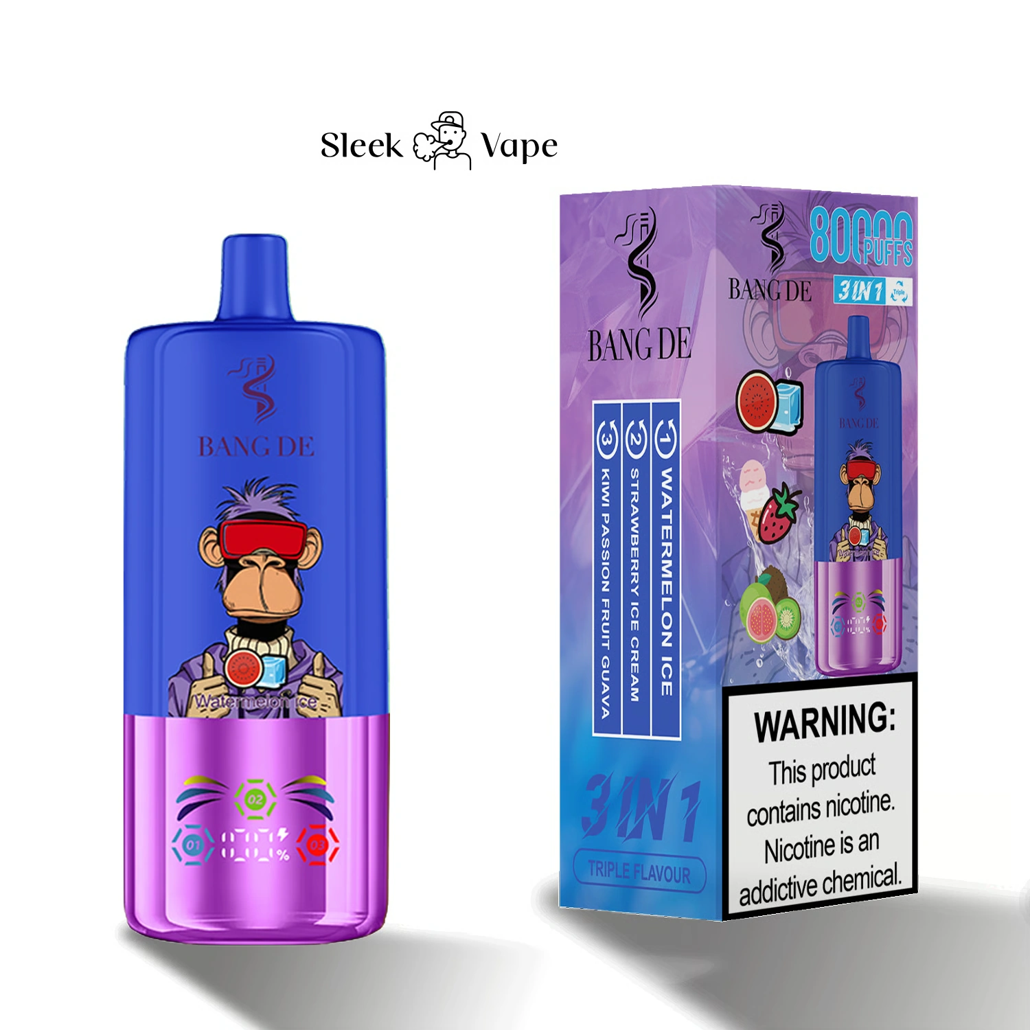 Bang DE 80K 3-in-1 flavor disposable vape with branded device and packaging shown in gallery view 7