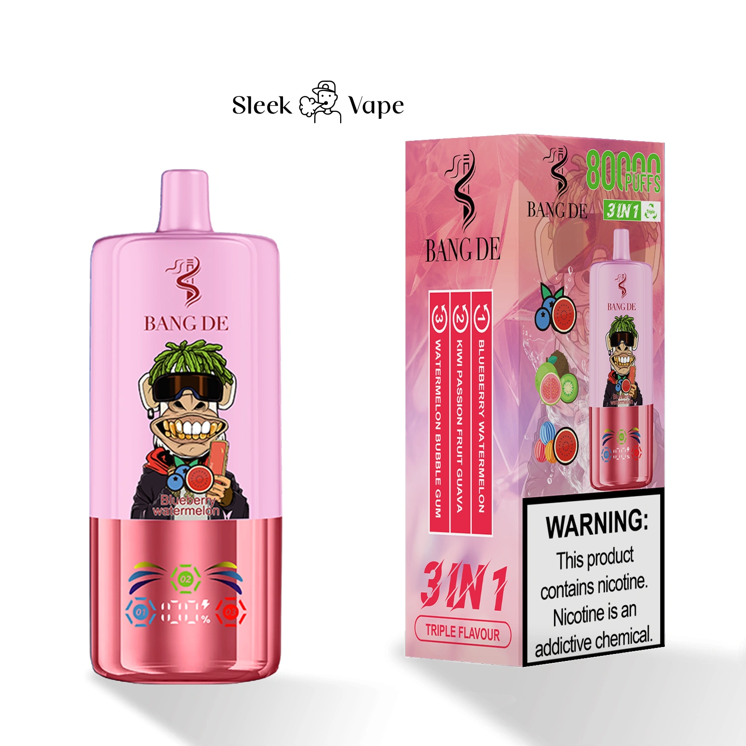 Bang DE 80K 3-in-1 flavor disposable vape with branded device and packaging shown in gallery view 8