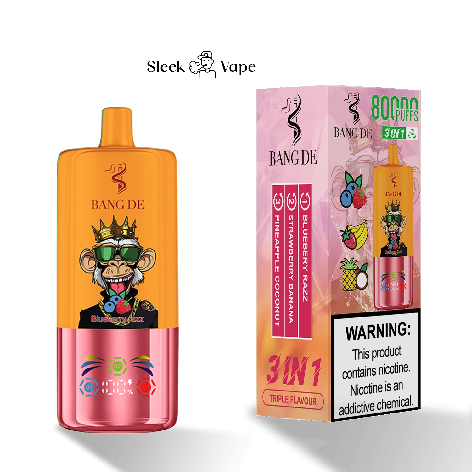 Bang DE 80K 3-in-1 flavor disposable vape with branded device and packaging shown in gallery view 9