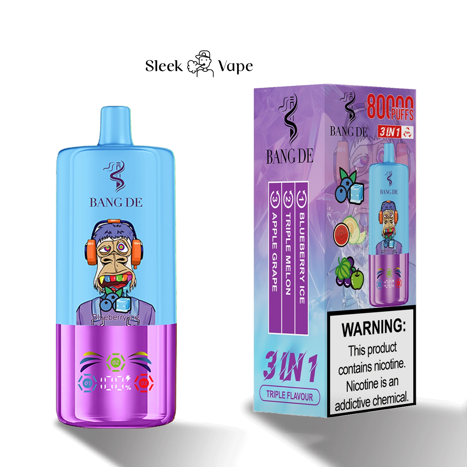 Bang DE 80K 3-in-1 flavor disposable vape with branded device and packaging shown in gallery view 10