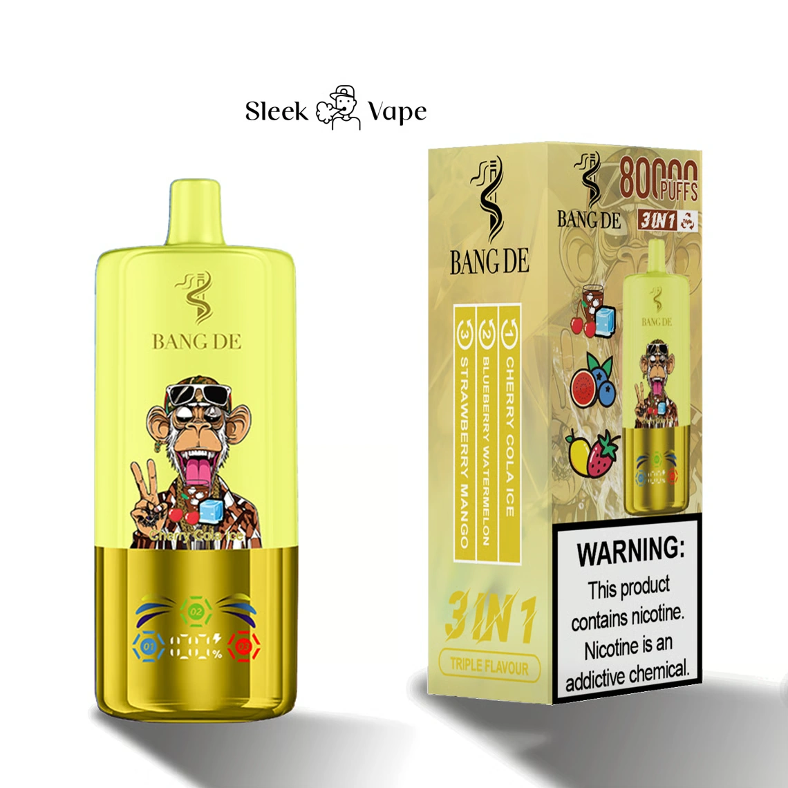Bang DE 80K 3-in-1 flavor disposable vape with branded device and packaging shown in gallery view 11