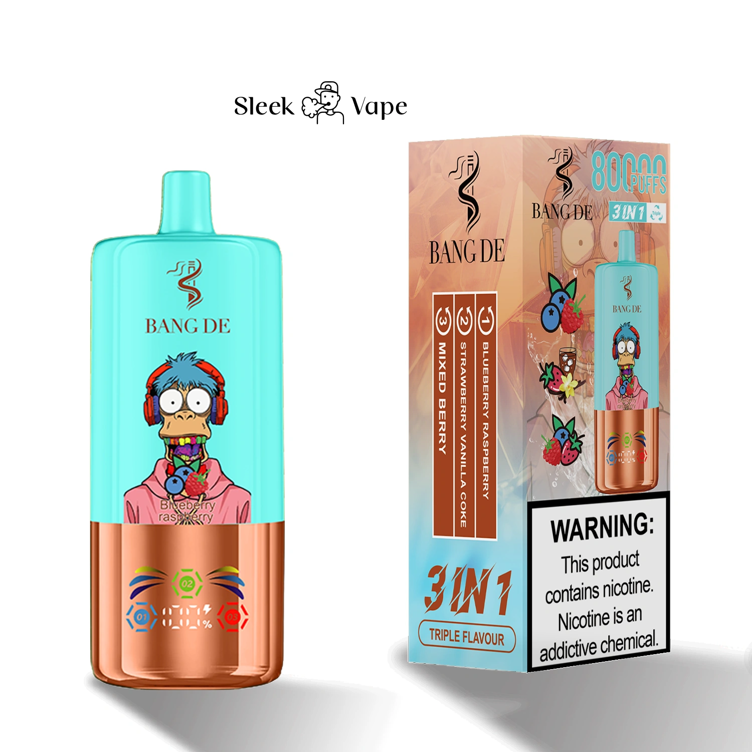 Bang DE 80K 3-in-1 flavor disposable vape with branded device and packaging shown in gallery view 12