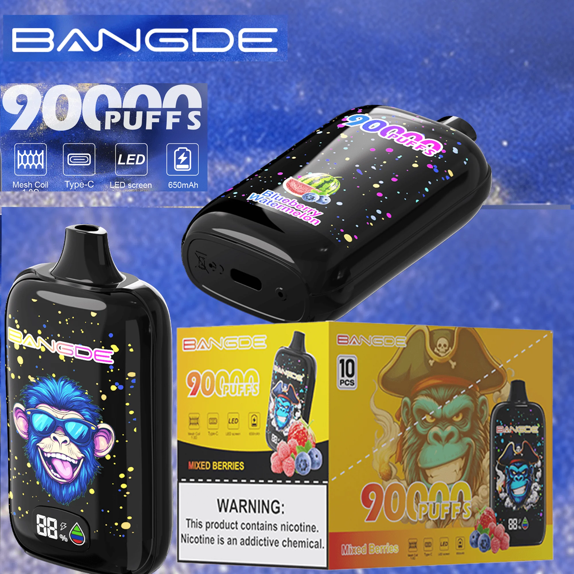 Bang DE 90K product display with branded device artwork, packaging details, and model visuals.
