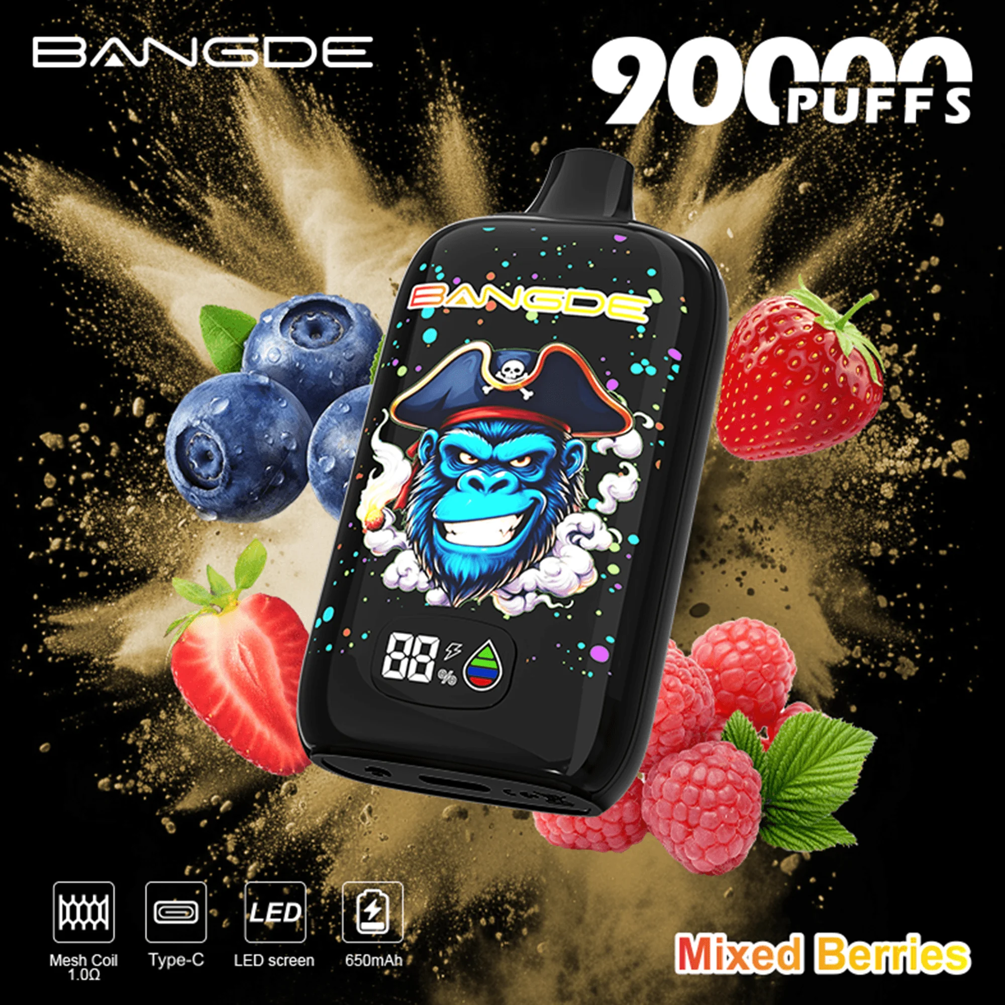 Bang DE 90K 02 mixed berries vape flavor design with device artwork and matching product packaging.