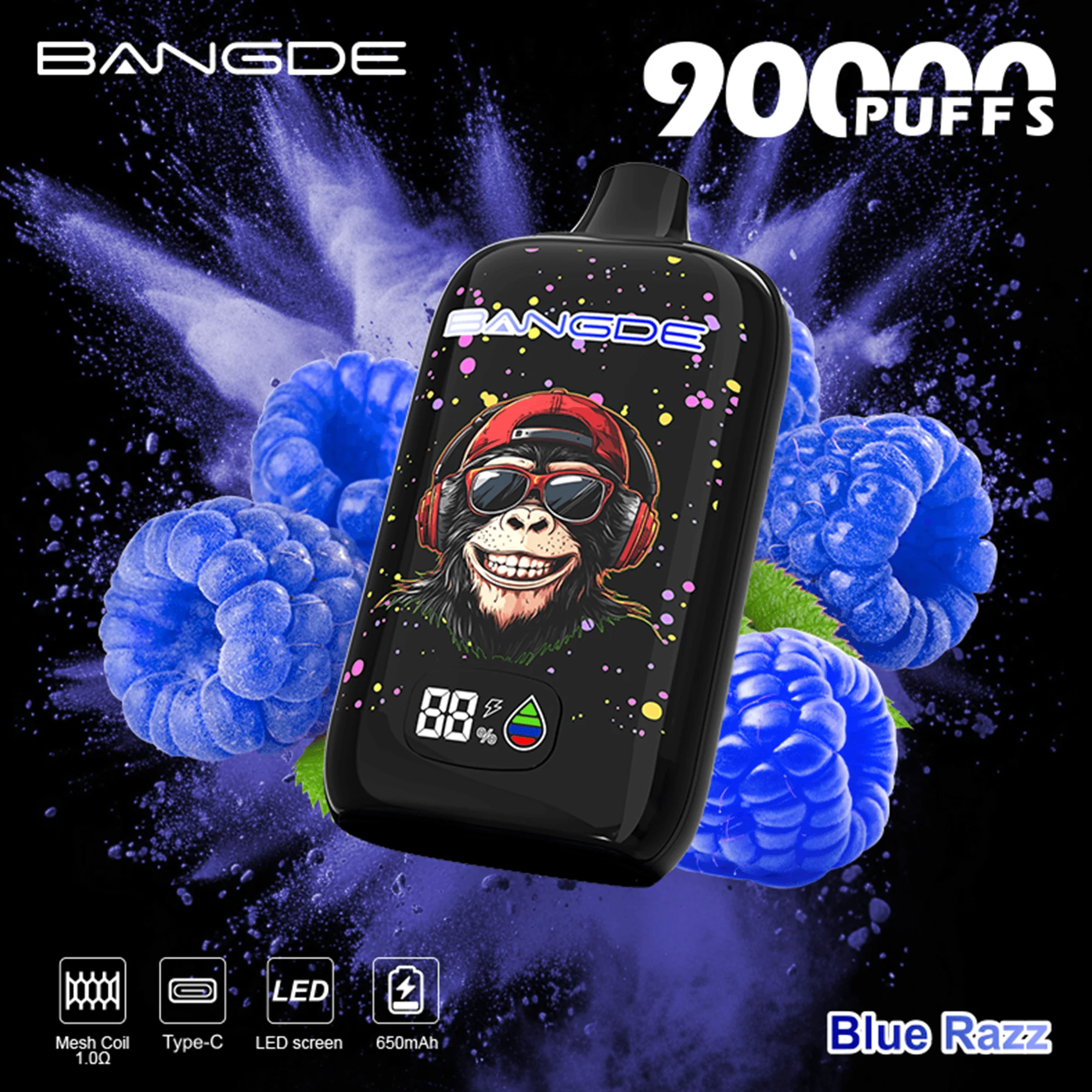 Bang DE 90K 03 blue razz vape flavor design with device artwork and matching product packaging.