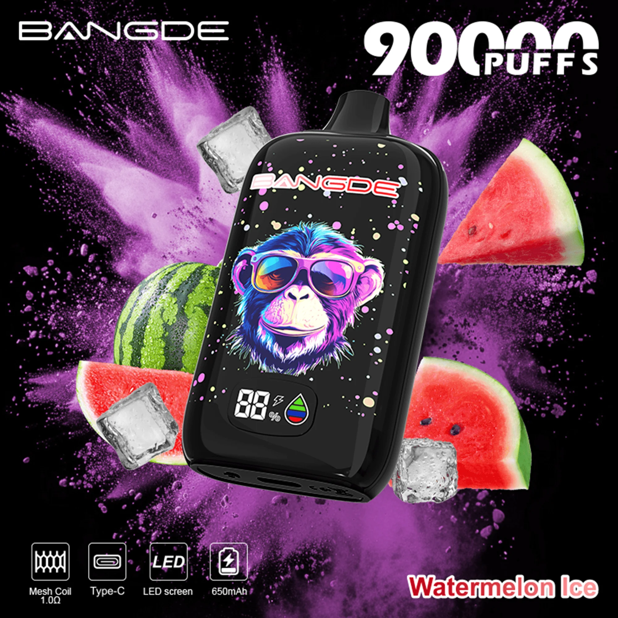 Bang DE 90K 04 watermelon lce vape flavor design with device artwork and matching product packaging.