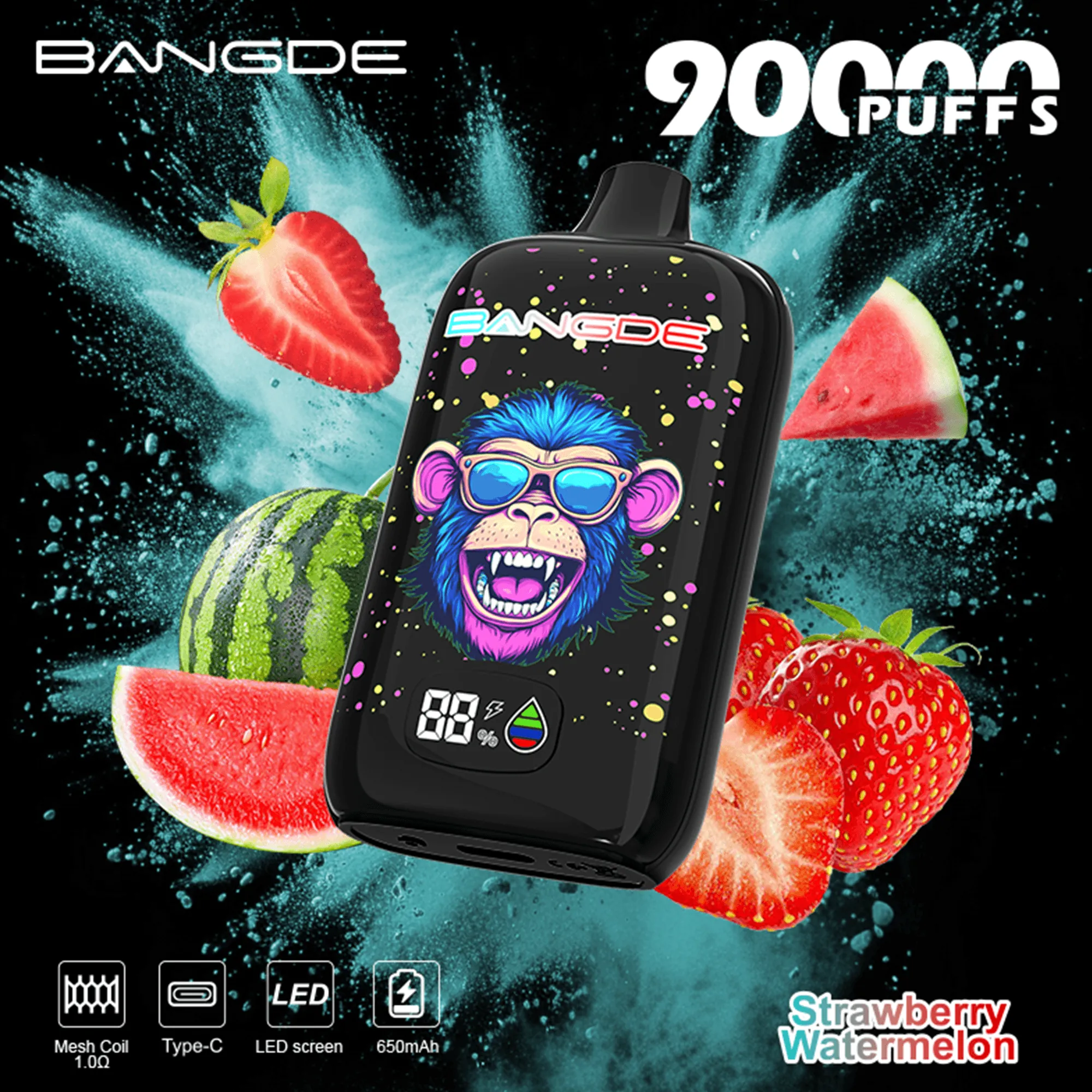 Bang DE 90K 05 strawberry watermelon vape flavor design with device artwork and matching product packaging.