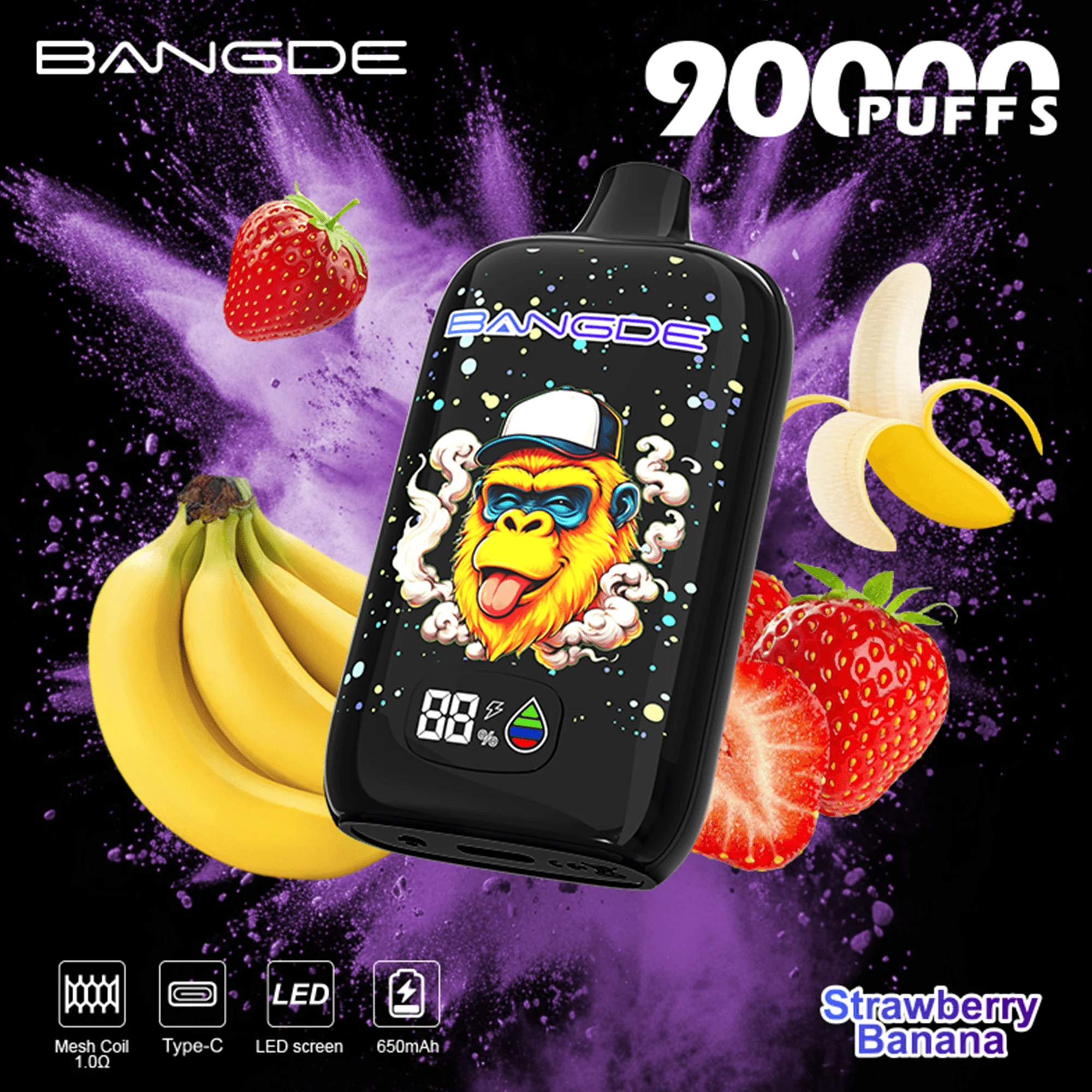 Bang DE 90K 06 strawberry banana vape flavor design with device artwork and matching product packaging.