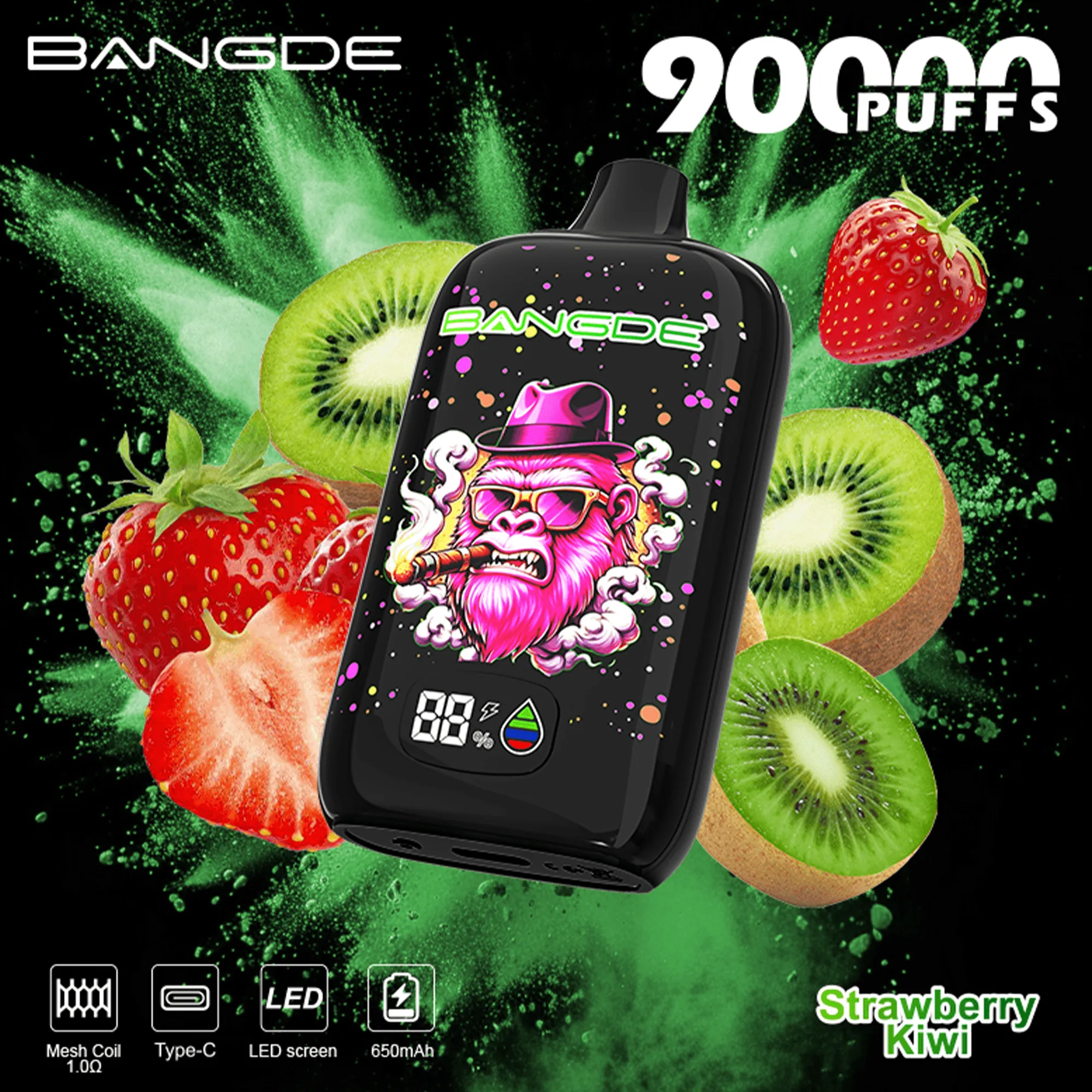 Bang DE 90K 07 strawberry kiwi vape flavor design with device artwork and matching product packaging.