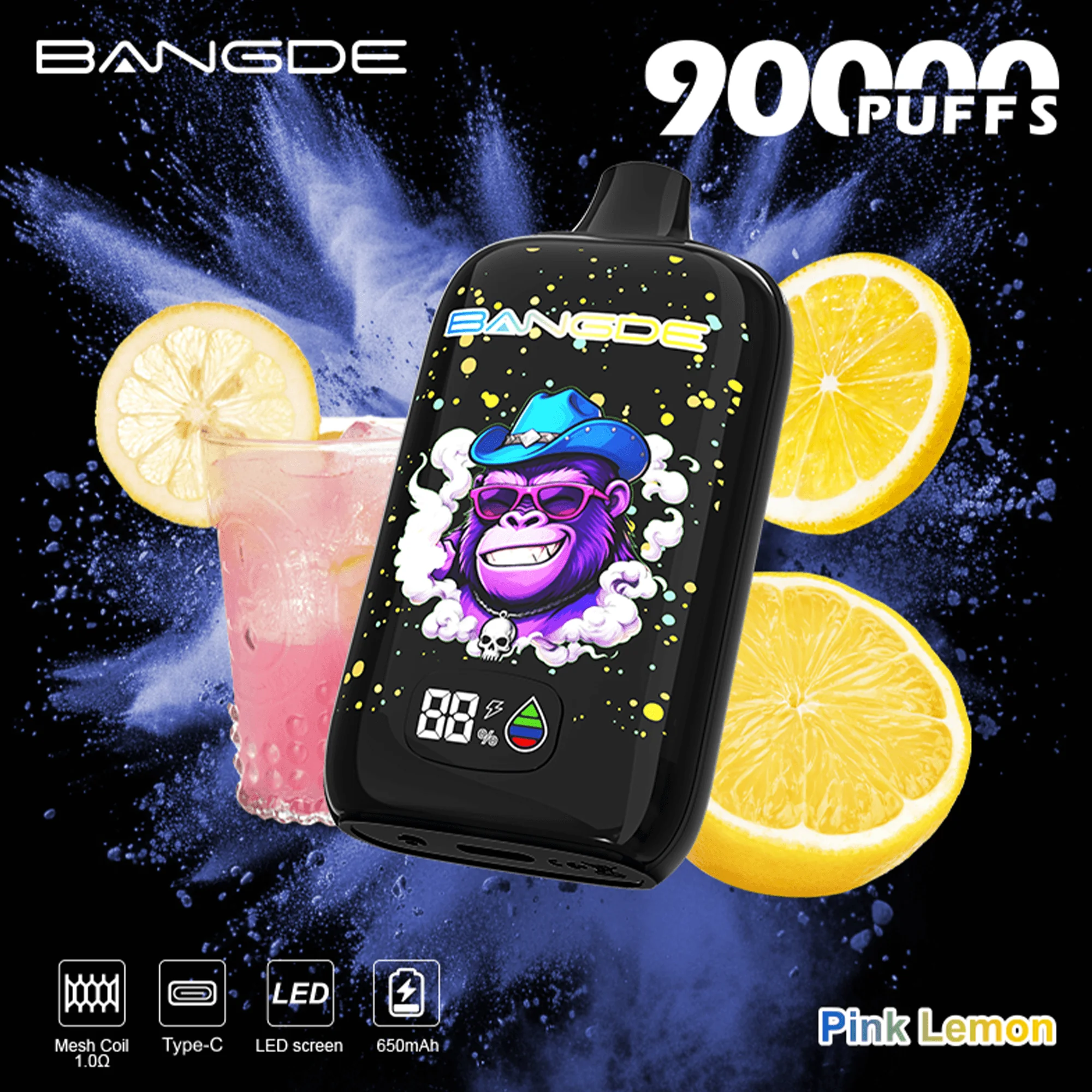 Bang DE 90K 08 pink lemon vape flavor design with device artwork and matching product packaging.