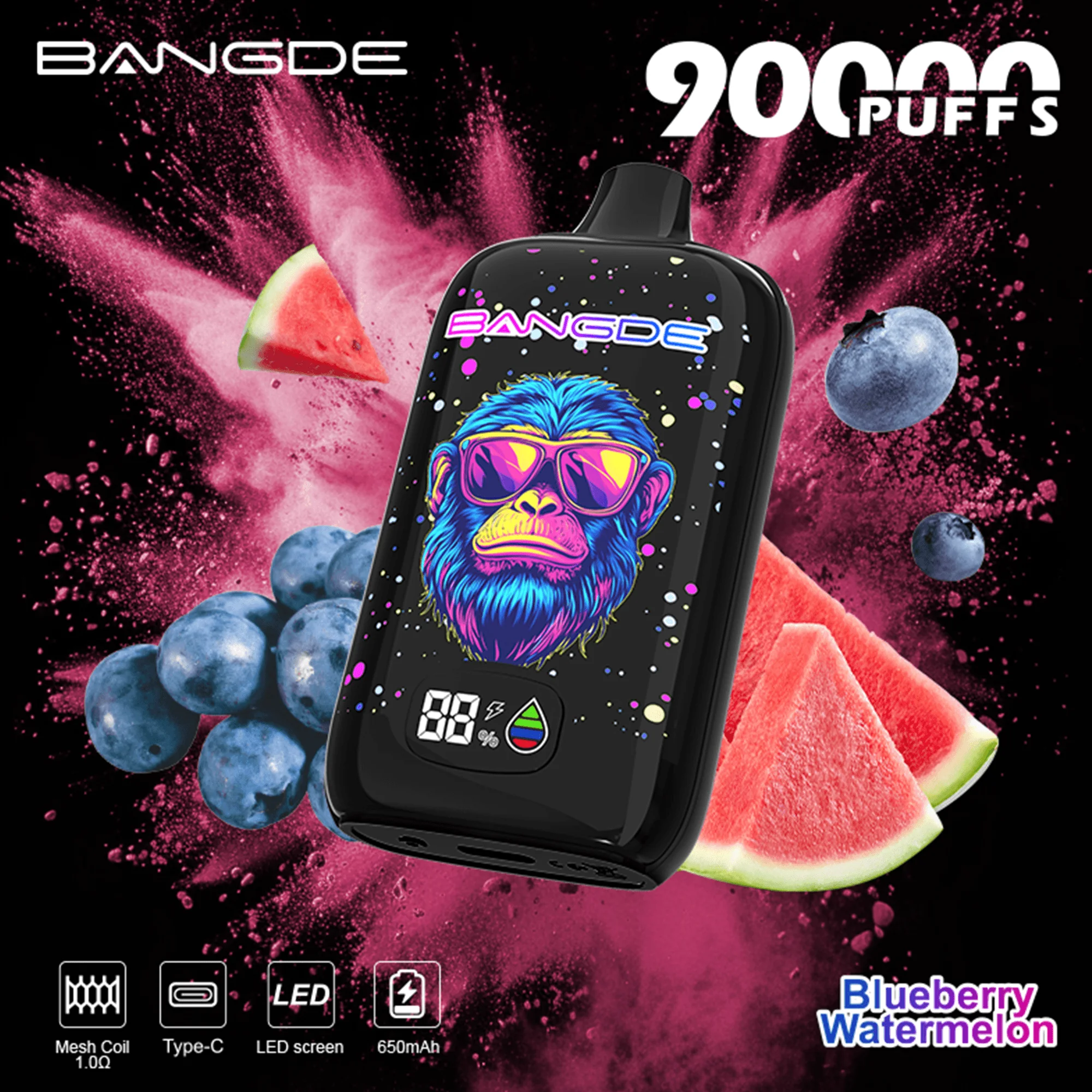Bang DE 90K 09 blueberry watermelon vape flavor design with device artwork and matching product packaging.