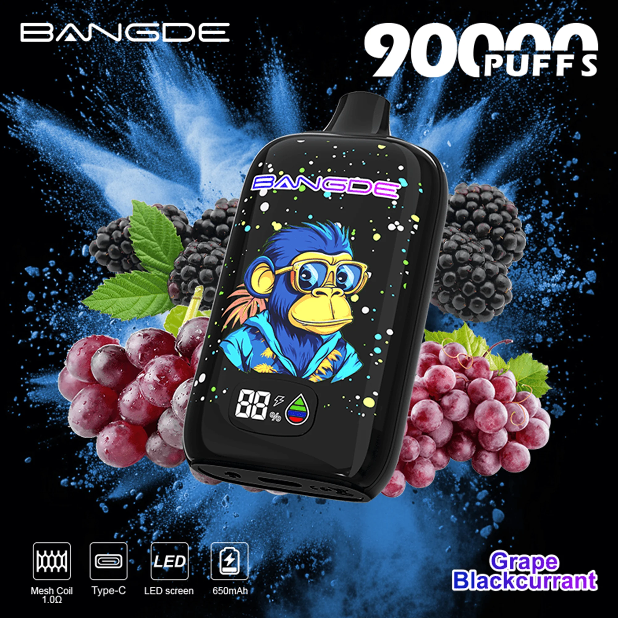 Bang DE 90K 10 grape blackcurrant vape flavor design with device artwork and matching product packaging.