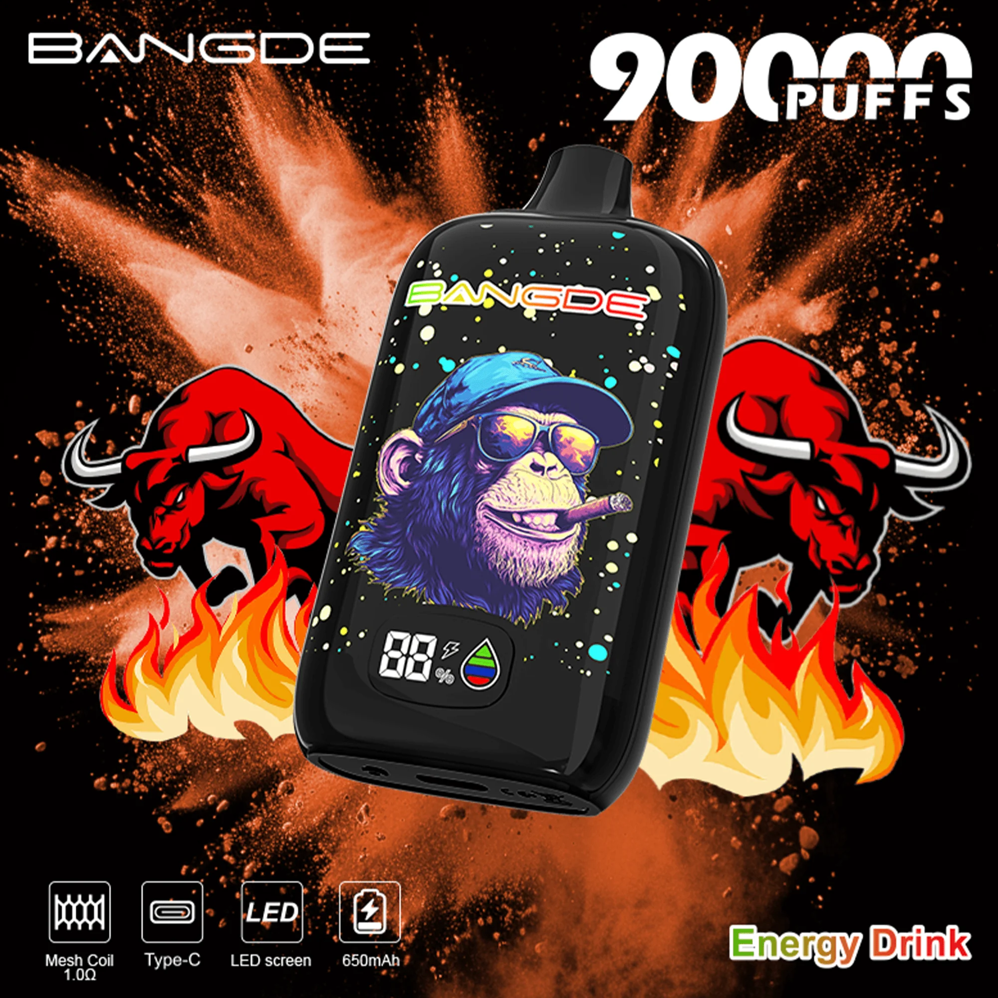 Bang DE 90K 11 energy drink vape flavor design with device artwork and matching product packaging.