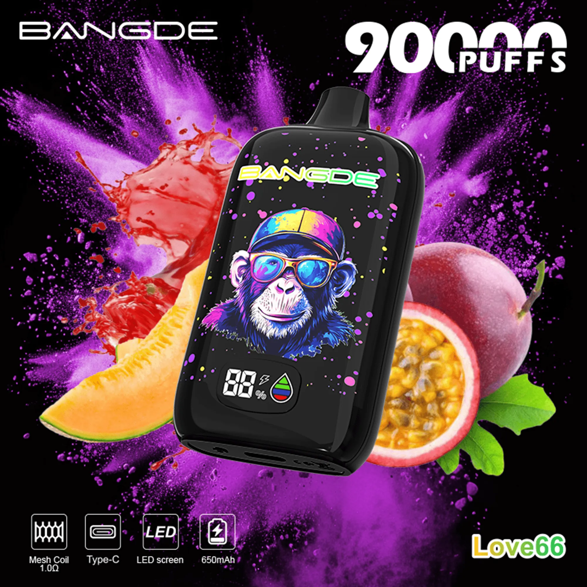 Bang DE 90K 12 love66 vape flavor design with device artwork and matching product packaging.