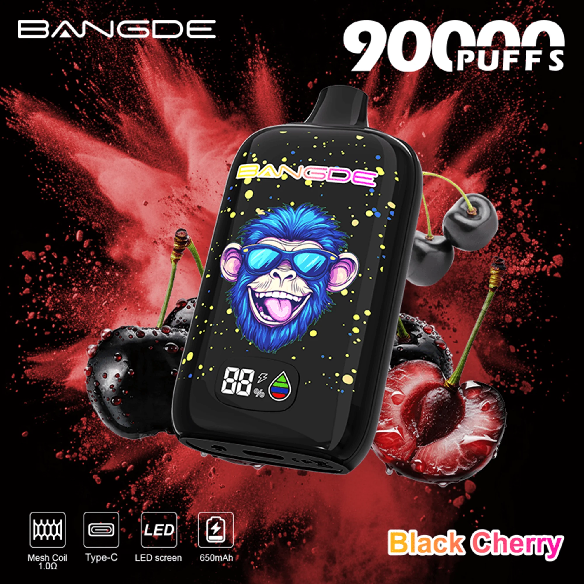Bang DE 90K 13 black cherry vape flavor design with device artwork and matching product packaging.