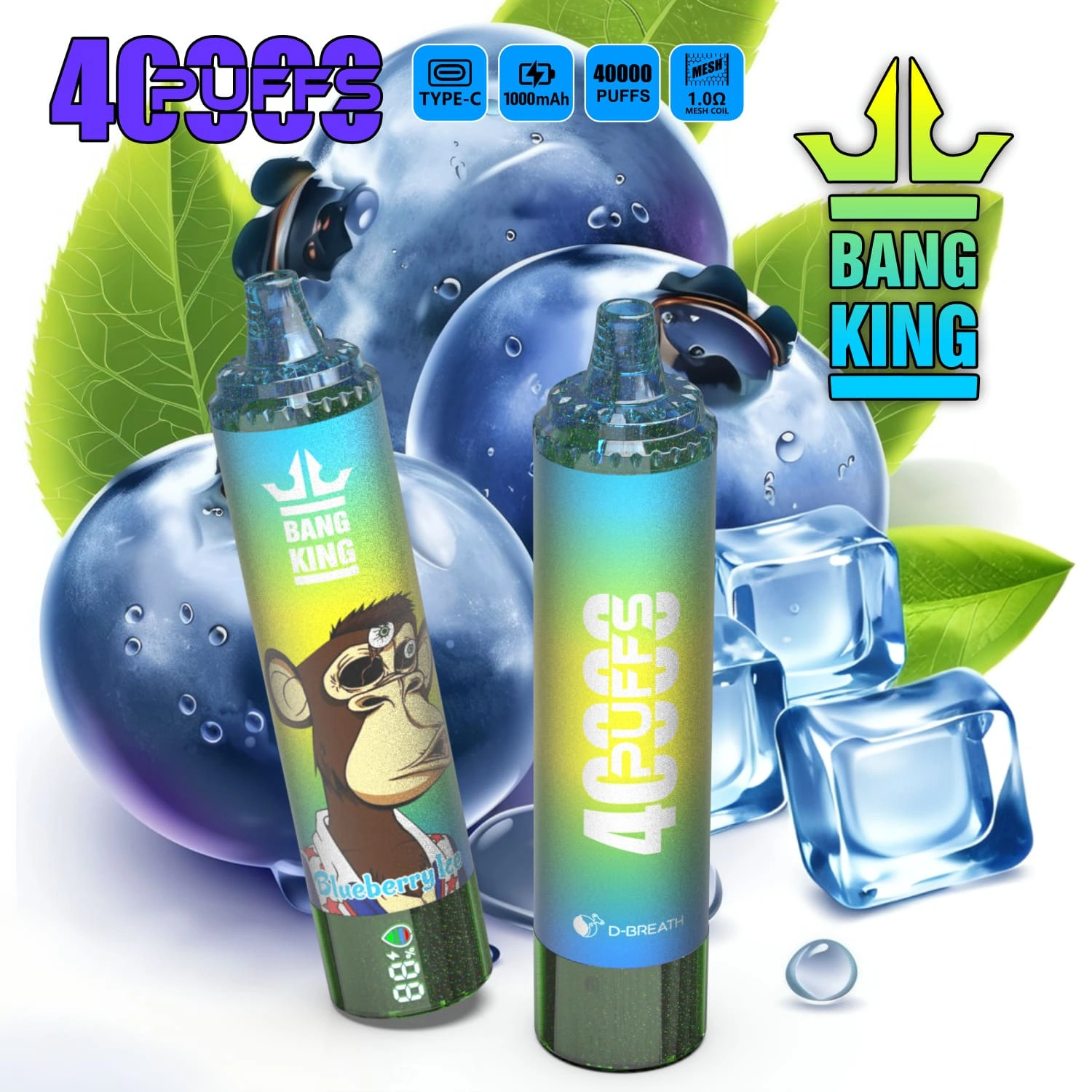 Bang King 40000 03 king 40000 puffs vape blueberry ice 1 vape flavor design with device artwork and matching product packaging.