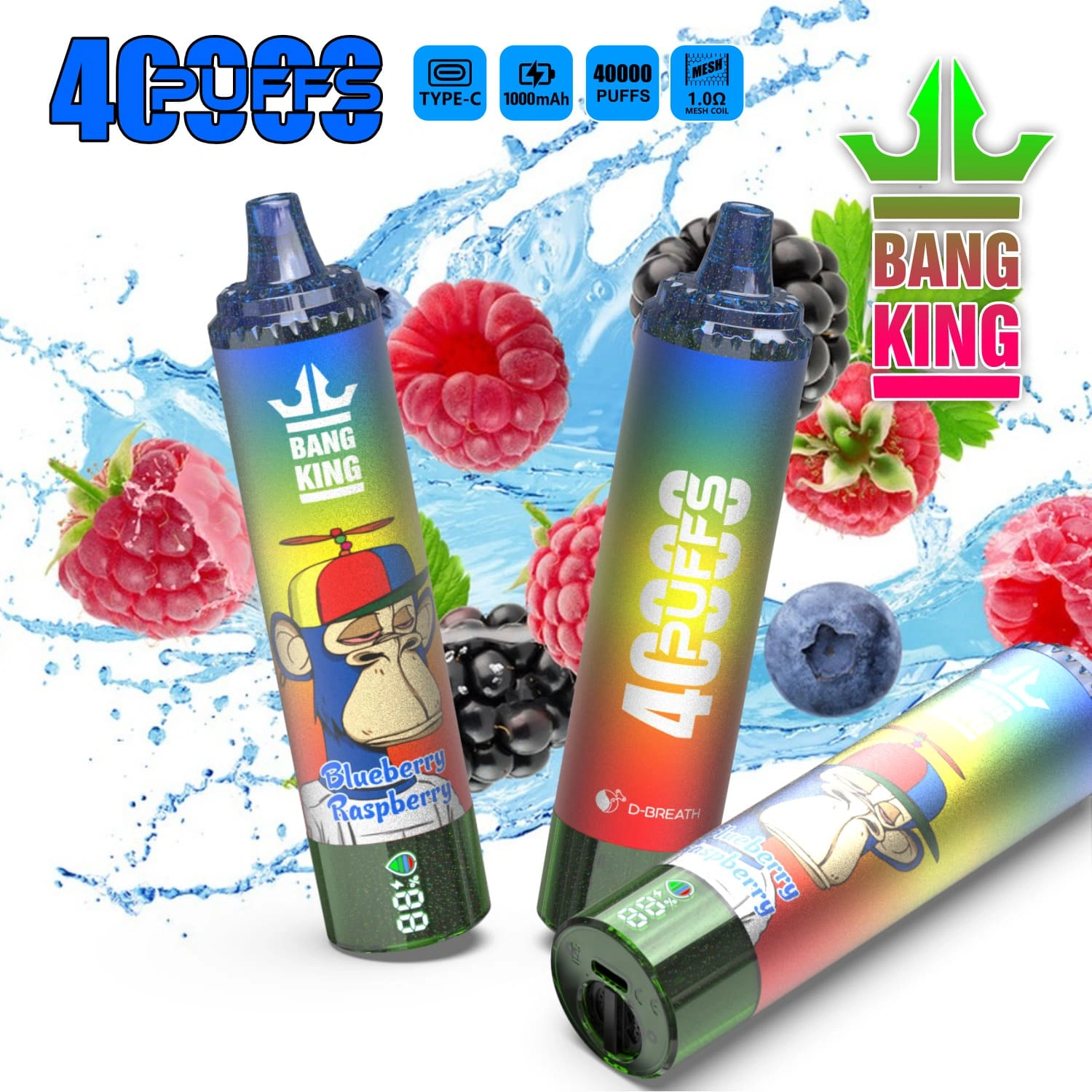 Bang King 40000 04 king 40000 puffs vape blueberry raspberry 1 vape flavor design with device artwork and matching product packaging.