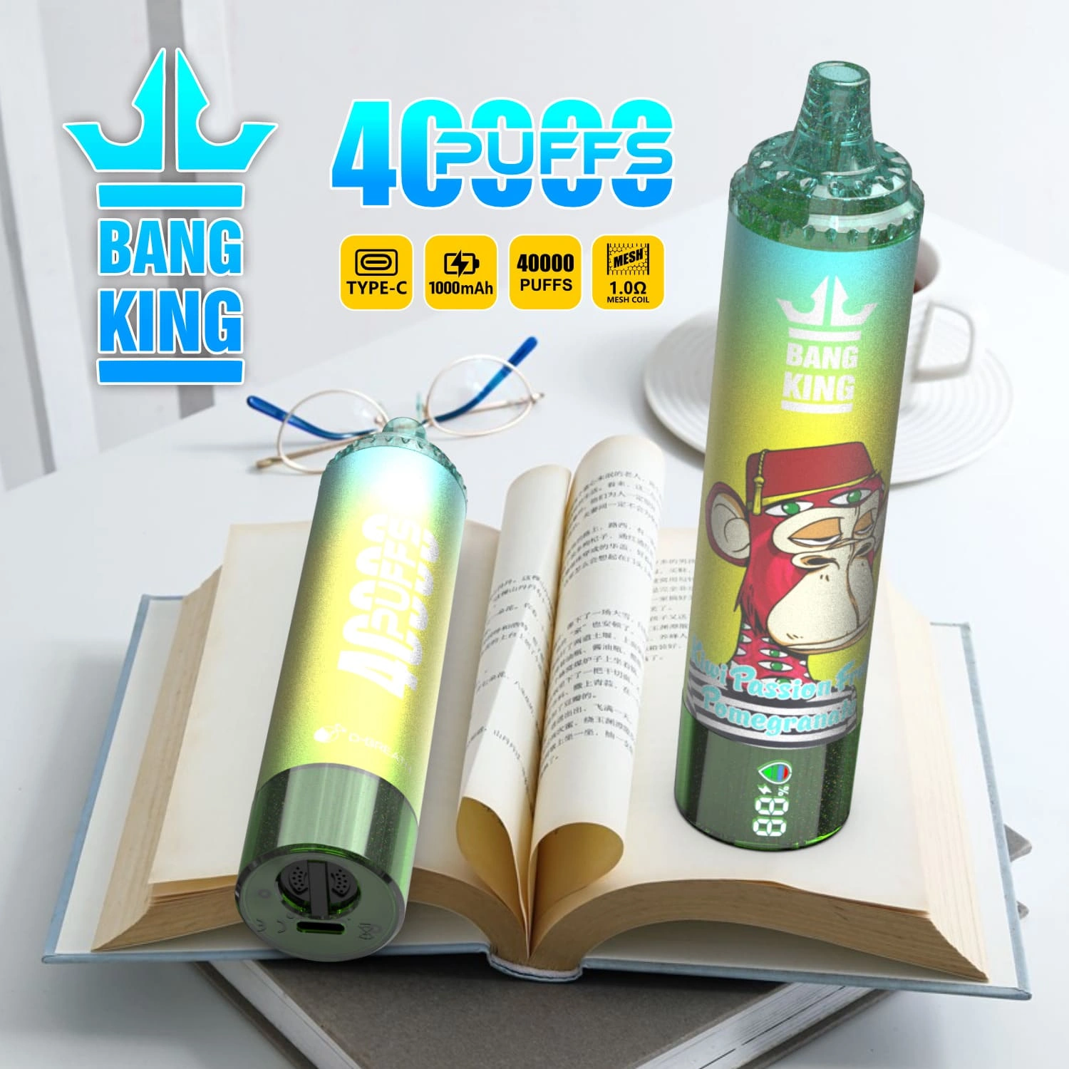 Bang King 40000 05 king 40000 puffs vape kiwi passion fruit pomegranate 1 vape flavor design with device artwork and matching product packaging.