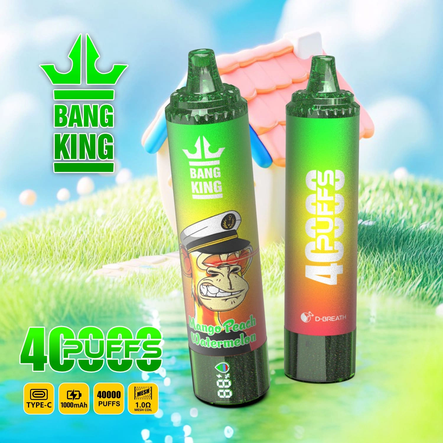 Bang King 40000 06 king 40000 puffs vape mango peach watermelon 1 vape flavor design with device artwork and matching product packaging.