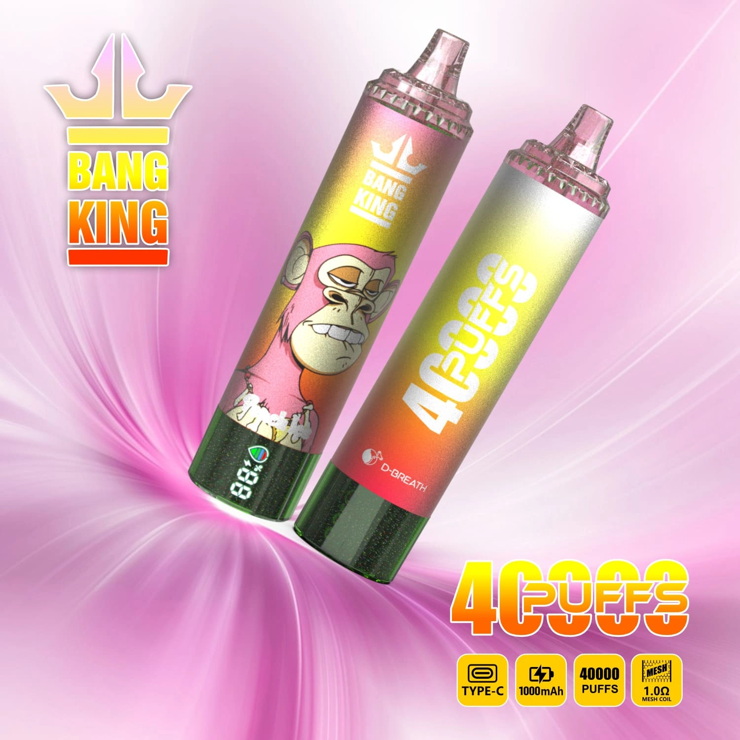 Bang King 40000 08 king 40000 puffs vape peach ice 1 vape flavor design with device artwork and matching product packaging.