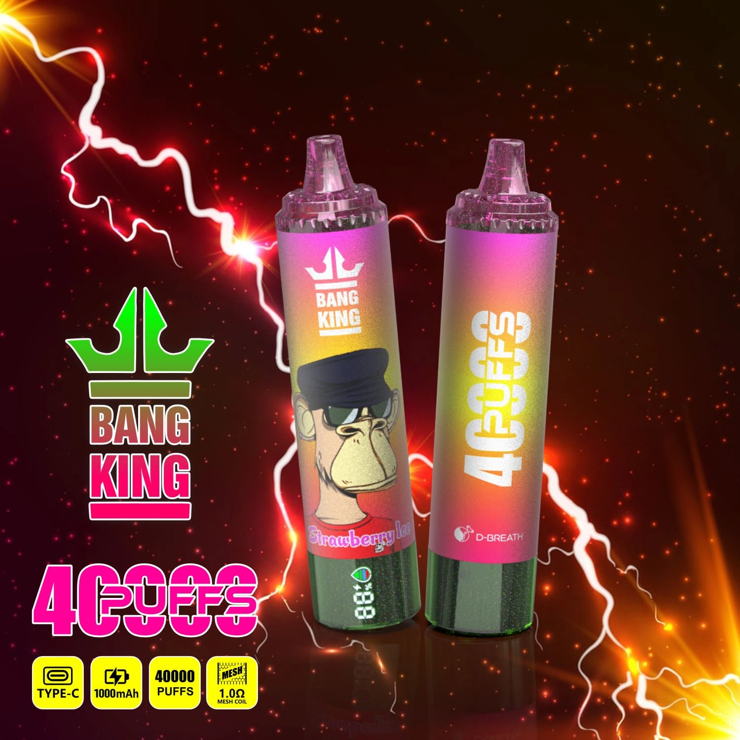 Bang King 40000 09 king 40000 puffs vape strawberry ice 1 vape flavor design with device artwork and matching product packaging.