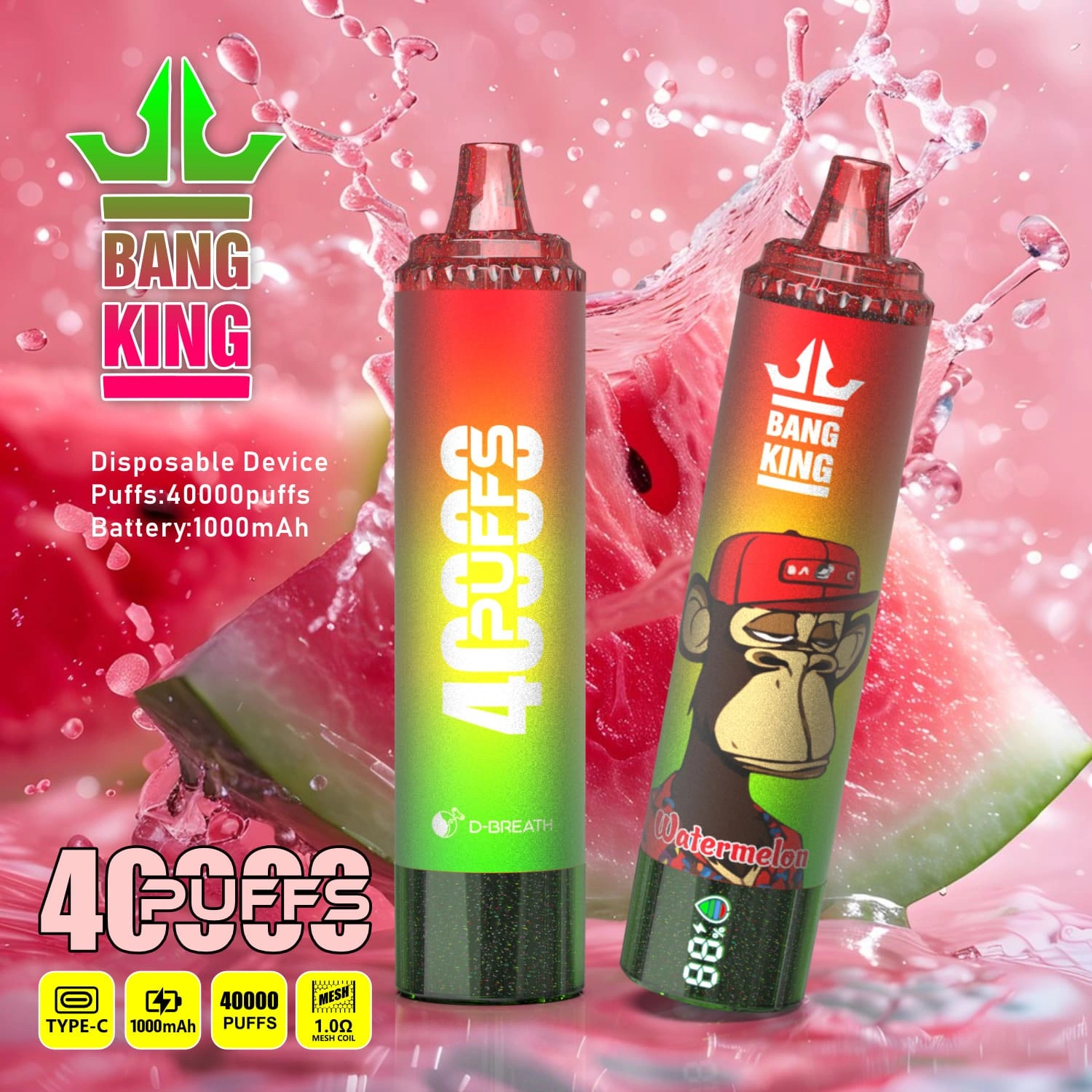 Bang King 40000 12 king 40000 puffs vape watermelon 1 vape flavor design with device artwork and matching product packaging.