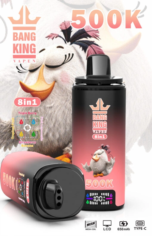 Bang King 500K 8-in-1 high-capacity vape shown with colorful flavor variant artwork
