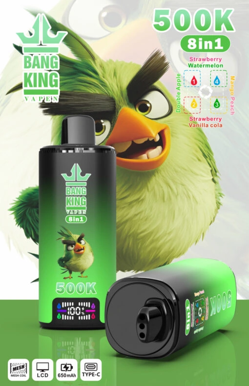 Bang King 500K 8-in-1 disposable vape product image with matching branded retail box