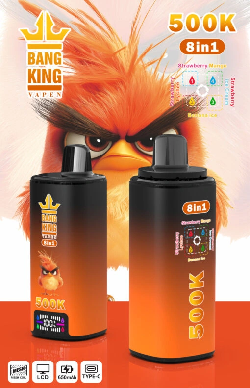 Bang King 500K 8-in-1 colorful disposable vape package and device design