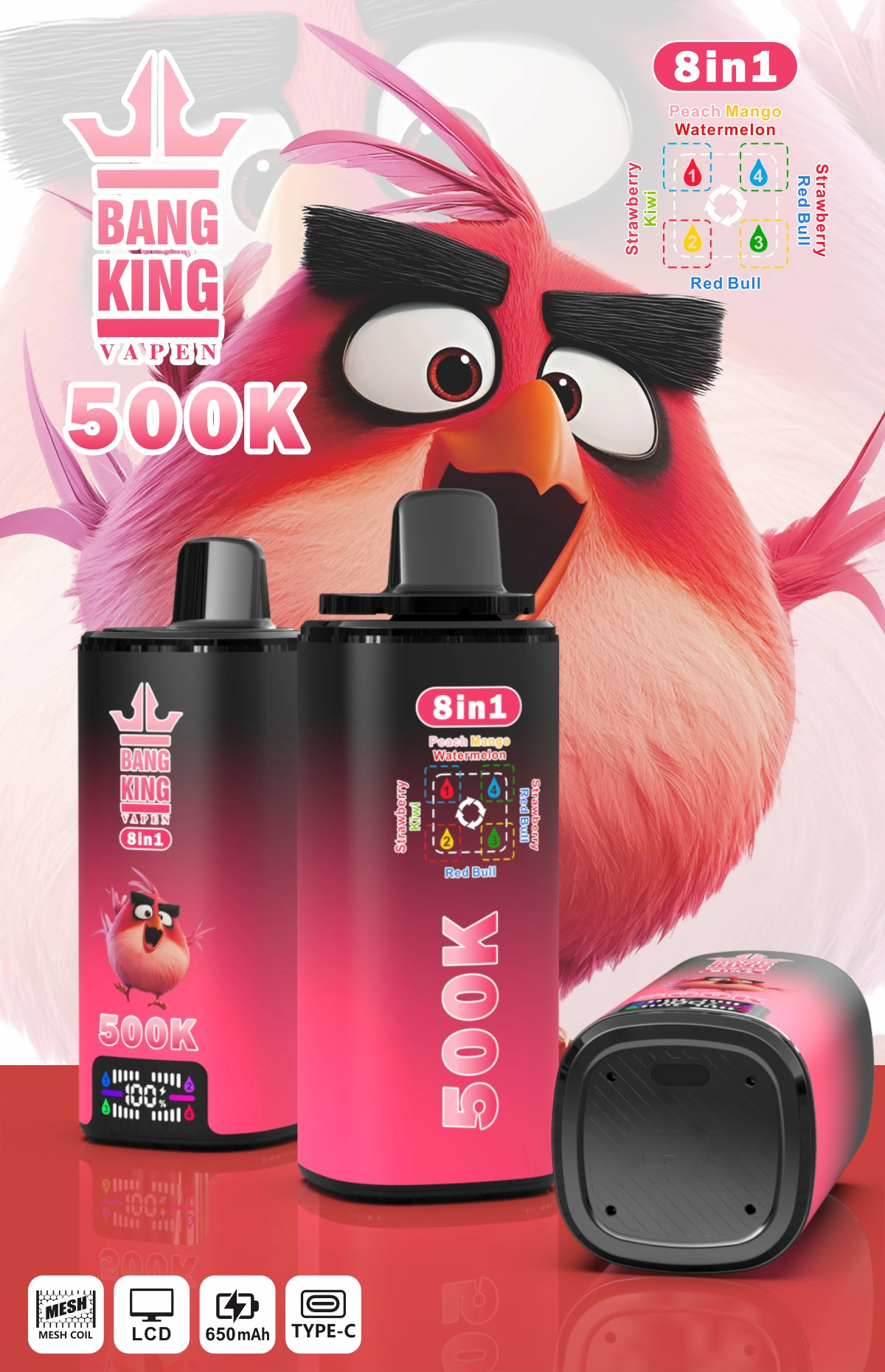 Bang King 500K 8-in-1 disposable vape shown with matching retail packaging