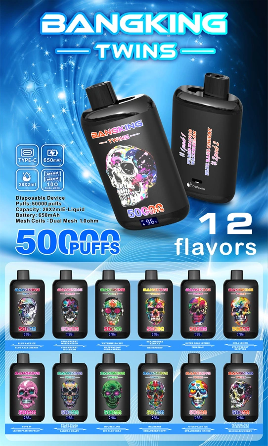 Bang King Twins 50000 02 king twins 50000 puffs vape 3 1 vape flavor design with device artwork and matching product packaging.