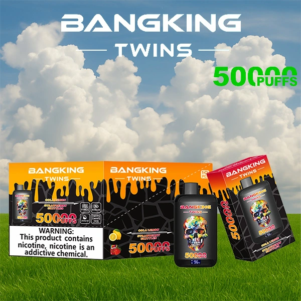 Bang King Twins 50000 04 king twins 50000 puffs vape cola lemonstrawberry skittles 1 vape flavor design with device artwork and matching product packaging.