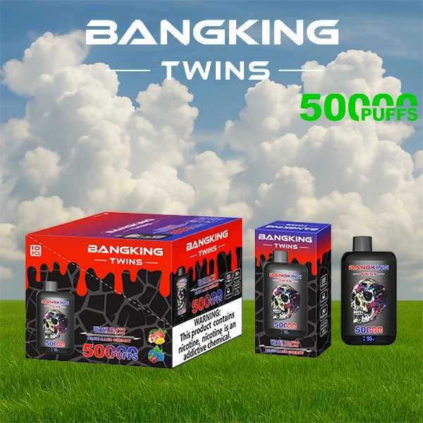 Bang King Twins 50000 09 king twins 50000 puffs vape peach mango watermelon blue razz cherry 1 vape flavor design with device artwork and matching product packaging.