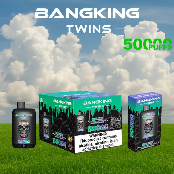 Bang King Twins 50000 10 king twins 50000 puffs vape peach guava strawberrysakura grape 1 vape flavor design with device artwork and matching product packaging.