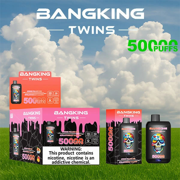 Bang King Twins 50000 13 king twins 50000 puffs vape juice peach icestrawberry mango 1 vape flavor design with device artwork and matching product packaging.