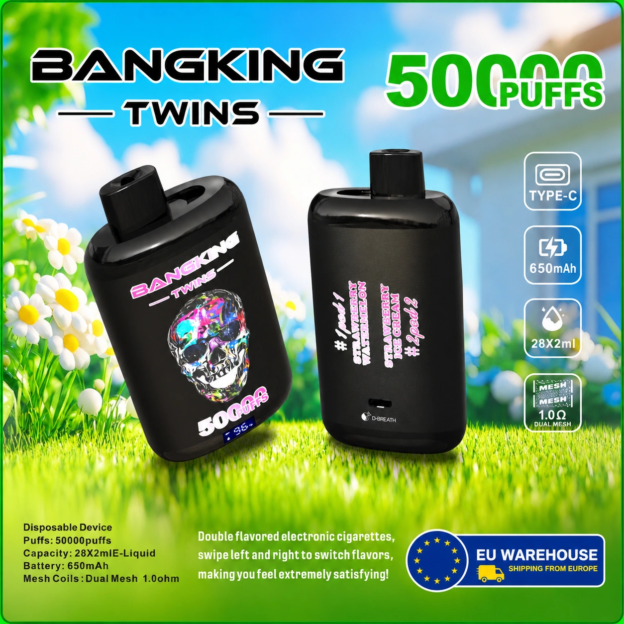 Bang King Twins 50000 15 king twins 50000 puffs vape vape flavor design with device artwork and matching product packaging.
