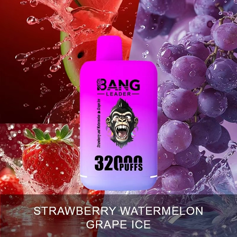 Bang Leader 32K Disposable Vape in Strawberry Watermelon and Grape Ice, featuring the 32000-puff 2-in-1 double-flavor format.