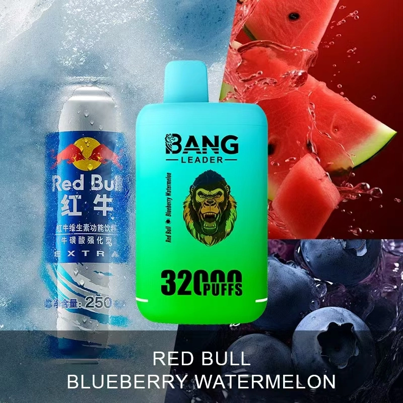 Bang Leader 32K Disposable Vape in Red Bull and Blueberry Watermelon, shown as a 32000-puff 2-in-1 double-flavor device.