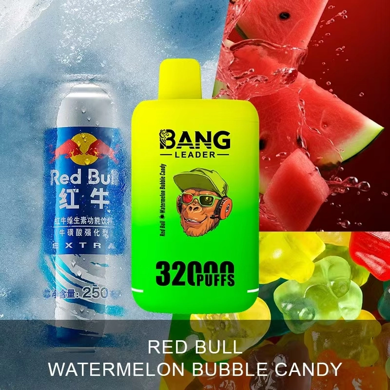 Bang Leader 32K Disposable Vape in Red Bull and Watermelon Bubble Candy, presented in the 32000-puff double-flavor range.