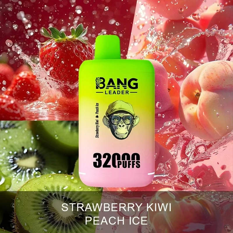 Bang Leader 32K Disposable Vape in Strawberry Kiwi and Peach Ice, presented as a 32000-puff 2-in-1 double-flavor vape.