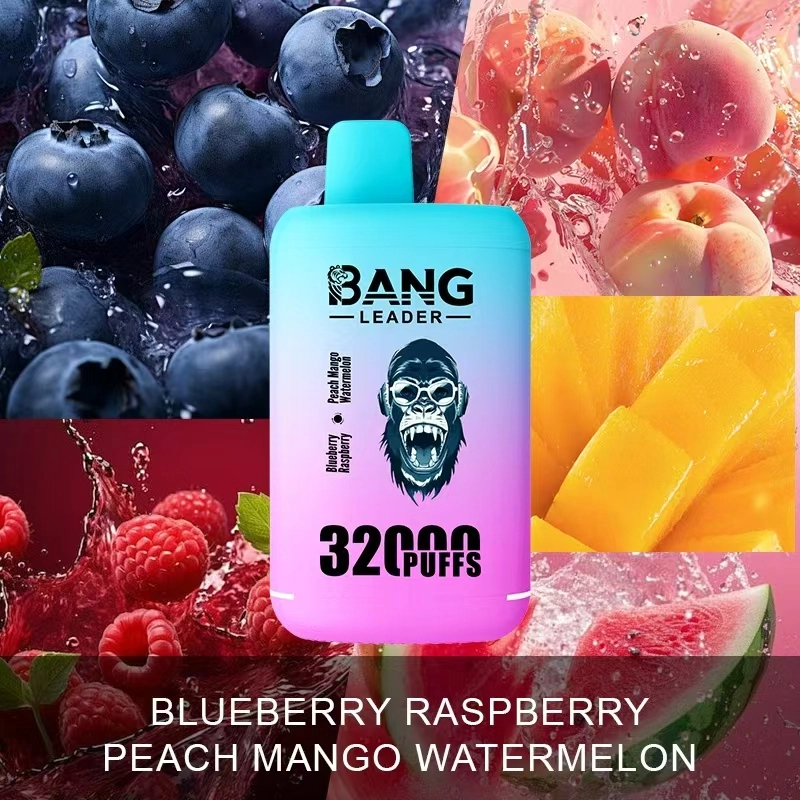 Bang Leader 32K Disposable Vape with Blueberry Raspberry Peach and Mango Watermelon flavors in a 32000-puff dual-flavor format.