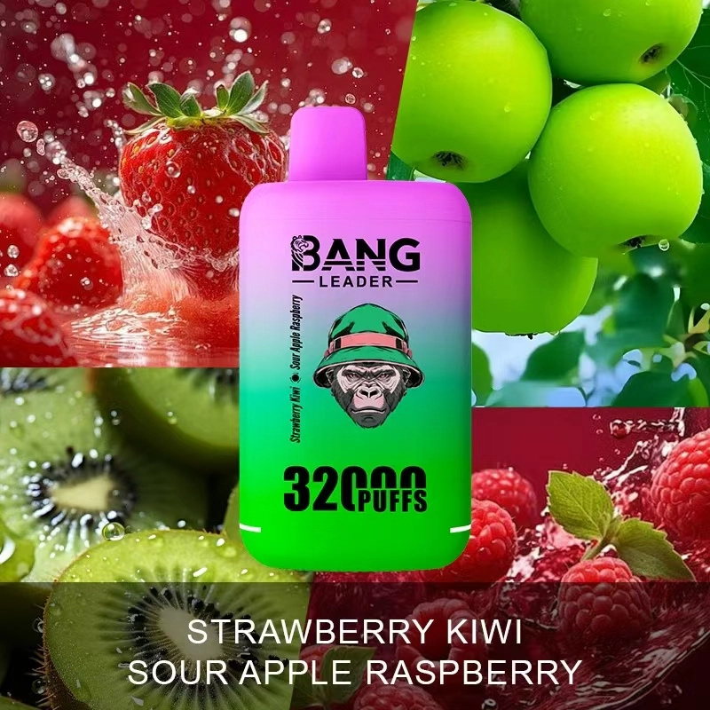 Bang Leader 32K Disposable Vape in Strawberry Kiwi and Sour Apple Raspberry, presented as a 32000-puff 2-in-1 double-flavor device.