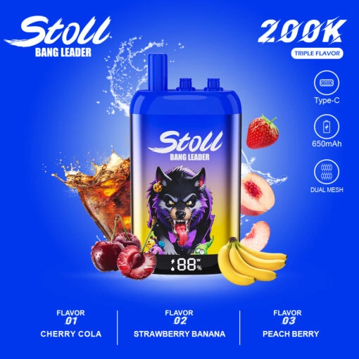 Bang Leader Stoll 200K 200000-puff vape shown with colorful triple flavor variant artwork