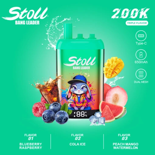 Bang Leader Stoll 200K triple flavor vape product presentation with branded device details