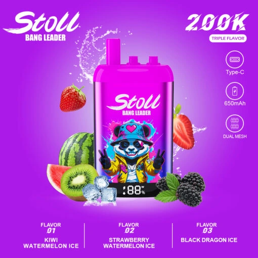Bang Leader Stoll 200K high-capacity disposable vape product image with package and device details